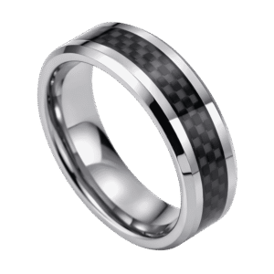 A stunning silver tungsten ring that has an inlay of black carbon fibre with a distinctive and intricate pattern.