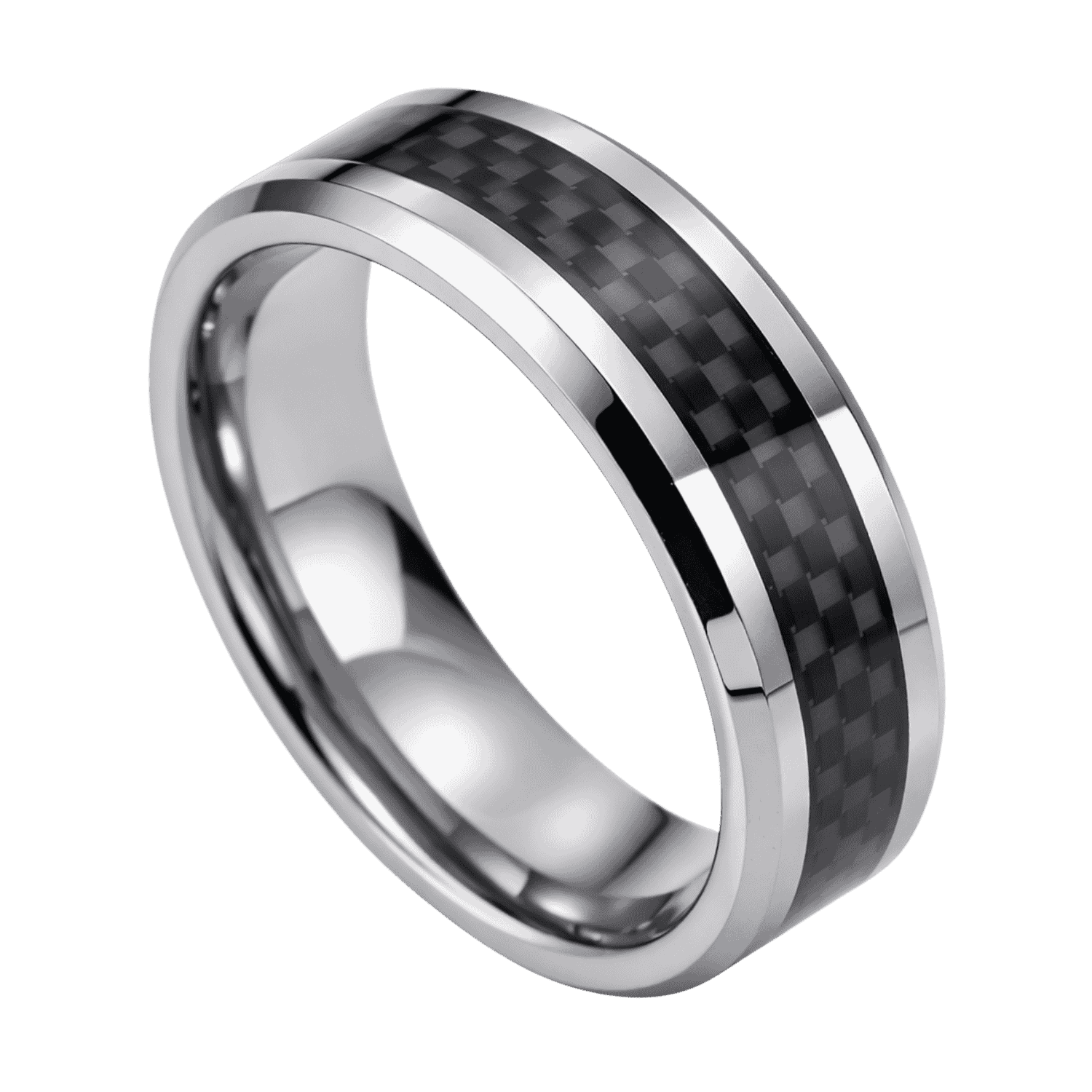 A stunning silver tungsten ring that has an inlay of black carbon fibre with a distinctive and intricate pattern.