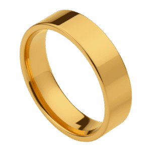 A gold coloured flat style mens ring. Made with tungsten.