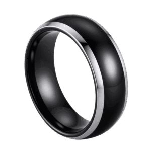 A bold tungsten ring for him. This black ring is slightly domed in shape. It has polished silver edges for a distinctive style.