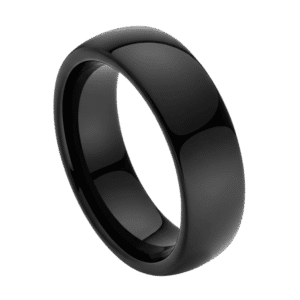 Close-up of a polished black tungsten ring for men. Slightly domed providing a classic shape for a wedding band.