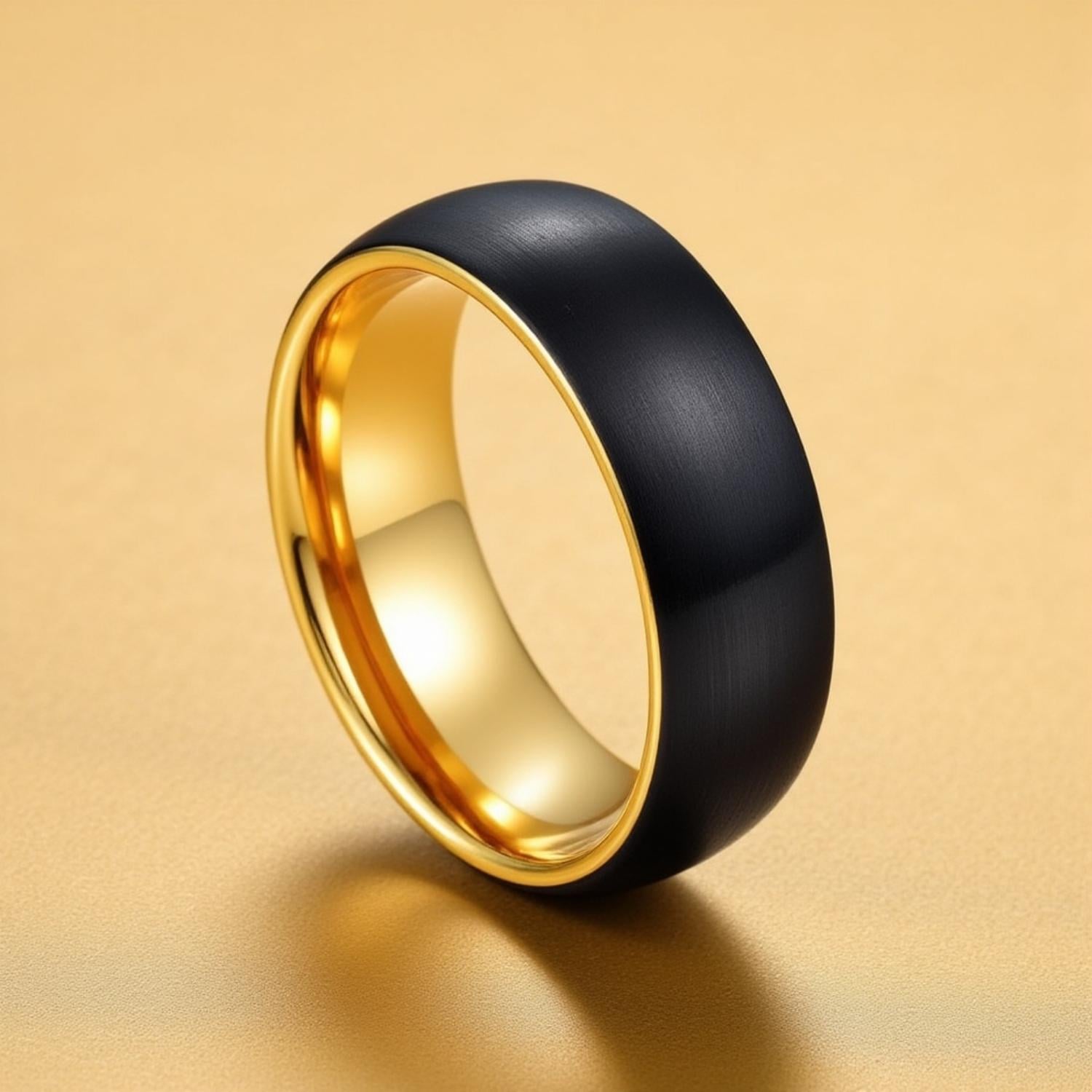 On a gold background, a tungsten ring stands upright. The ring is slightly domed in profile. It has a polished gold interior and a lightly brushed finish.