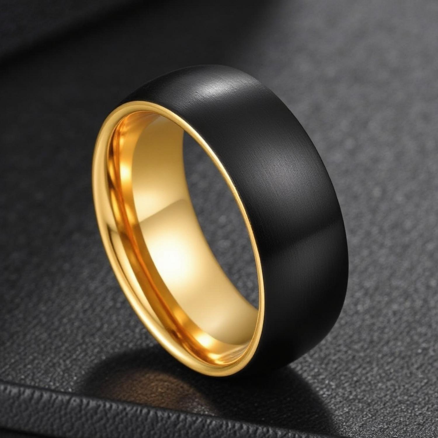 On a smooth black leather surface, a tungsten ring stands balanced in an upright position. It is a black ring with a brushed finish, and a gold interior.