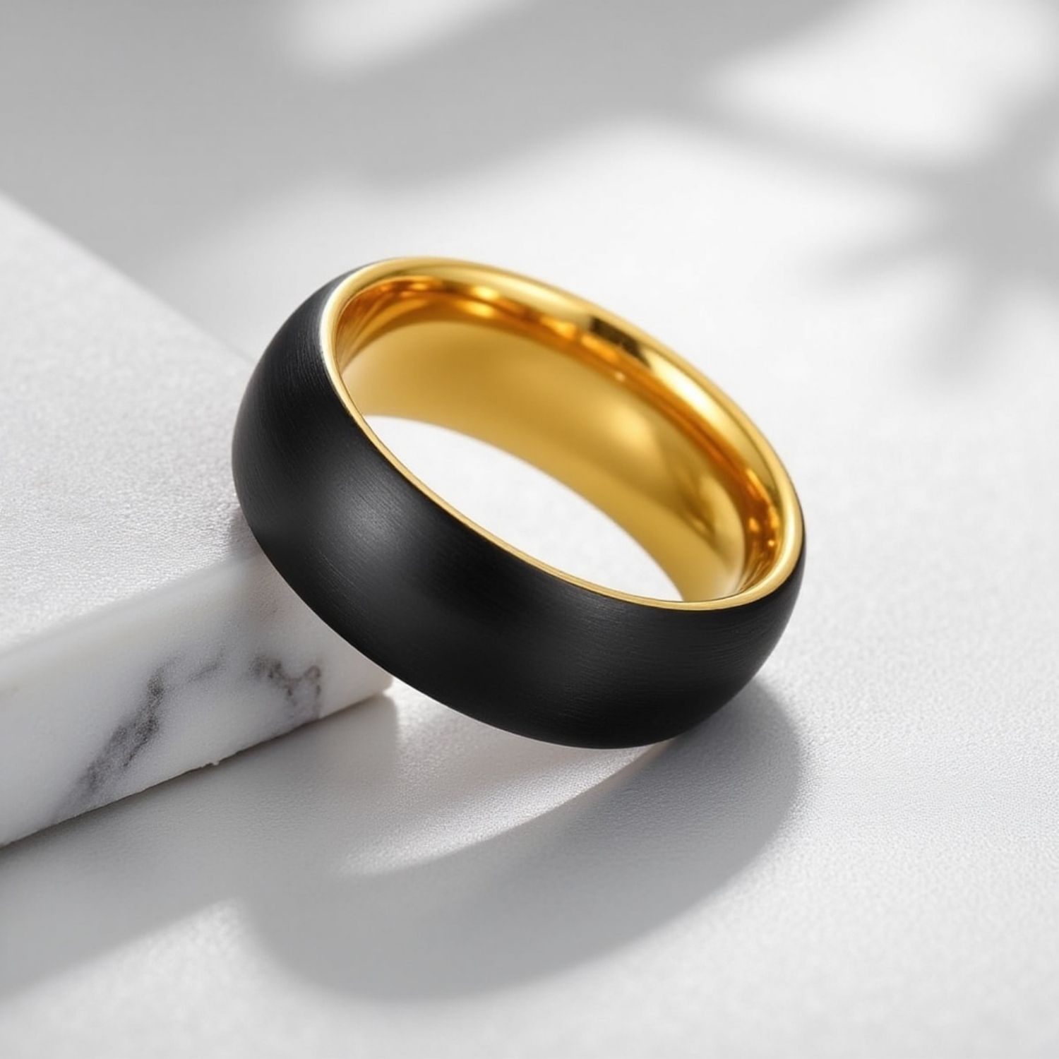 A ring rests on a smooth white marble surface. The ring is balanced on a ledge. It is a black tungsten ring that has a slightly domed profile. It has a gold inside and the black is slightly brushed.