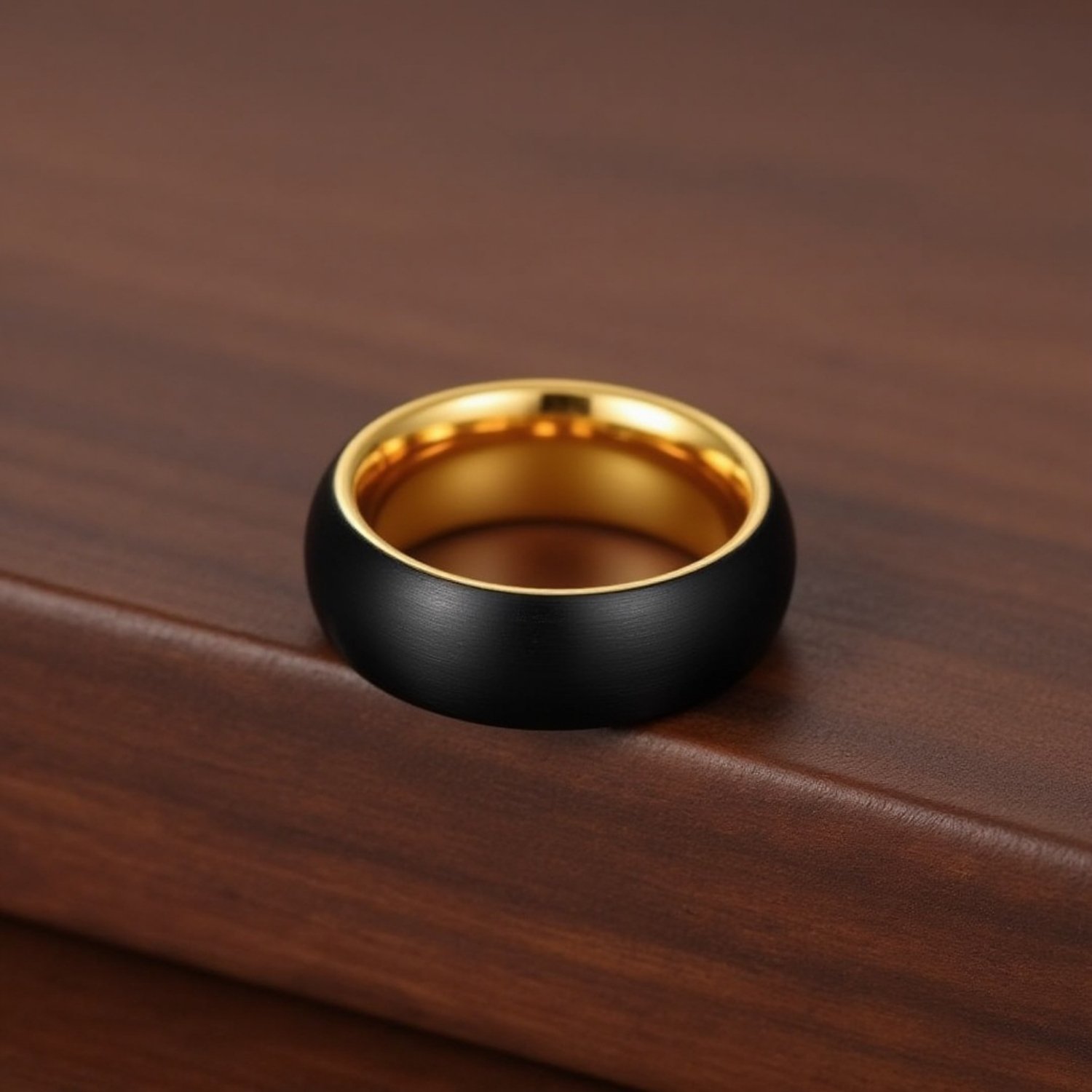 A black tungsten ring rests on a wooden work top. This black ring has a lightly brushed finish and a gold interior.