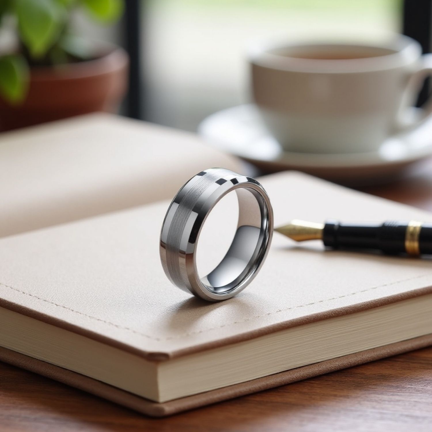 A book lays open, with a pen resting on top. A cup of coffee can be seen on the background. On top of the open book is a silver tungsten ring which stands upright. It has a brushed centre section and polished bevelled edges.
