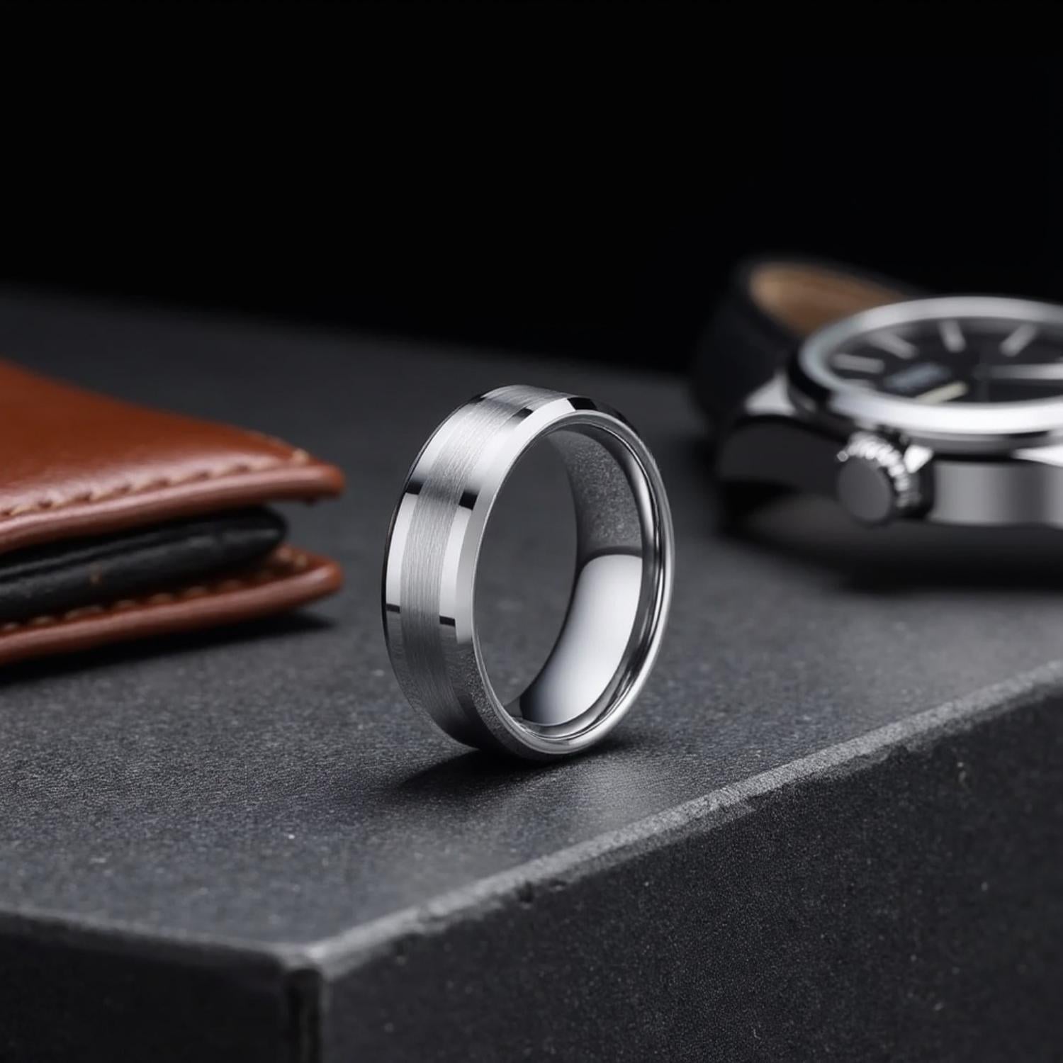 On a charcoal grey desk, a ring stands upright alongside a brown leather wallet and a watch. The ring is a silver tungsten ring. It has a brushed section at the centre of the ring and polished bevelled edges.