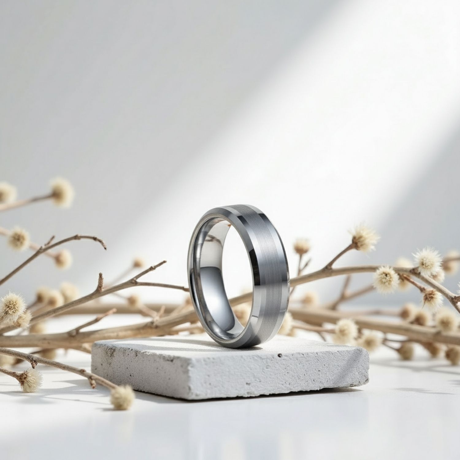 On top of a white stand, and in front of some white dried flowers, is a silver tungsten ring. The ring has a brushed section at the centre of the ring, with edges that are polished and bevelled.