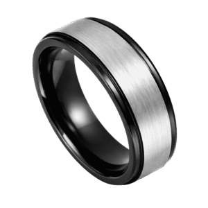 Showing a brushed silver tungsten ring that has stepped polished black edges.