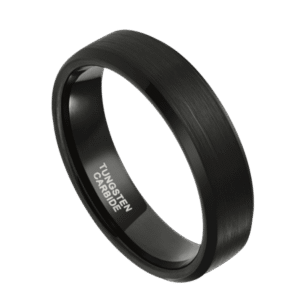 A detailed view of a brushed black ring made with tungsten. Featuring polished bevelled edges. On a white background