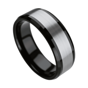 A detailed image of a tungsten ring in close up. The ring is silver and black. The centre section is brushed silver and the edges are polished black.