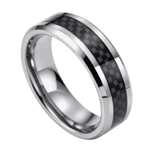 A stunning silver tungsten ring that has an inlay of black carbon fibre with a distinctive and intricate pattern.