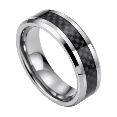 A stunning silver tungsten ring that has an inlay of black carbon fibre with a distinctive and intricate pattern.