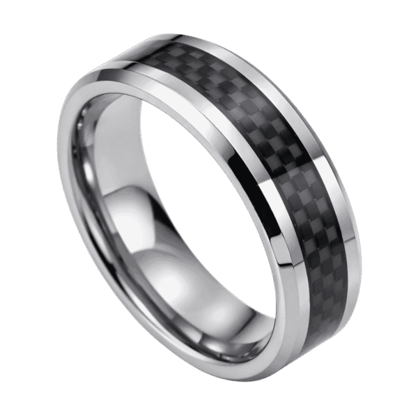 A stunning silver tungsten ring that has an inlay of black carbon fibre with a distinctive and intricate pattern.