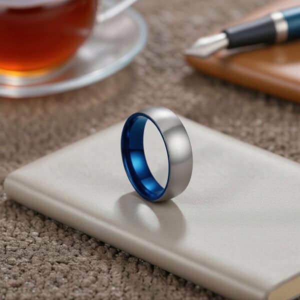 Silver titanium ring for him - brushed finish and blue inside