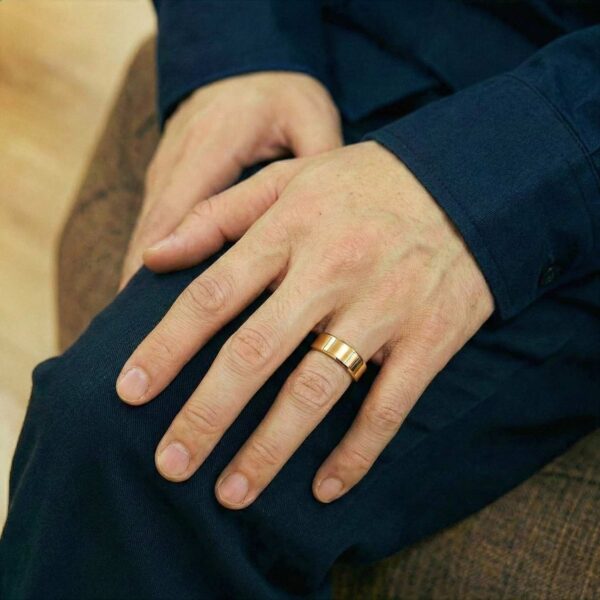 Flat gold ring for men – male tungsten wedding band with custom ring engraving.