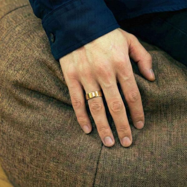 Gents gold tungsten ring – male wedding band and statement ring with personalised engraving.