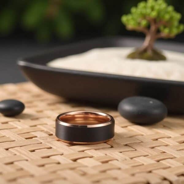 Mans rose gold and black tungsten ring. Fashion statement band for men.