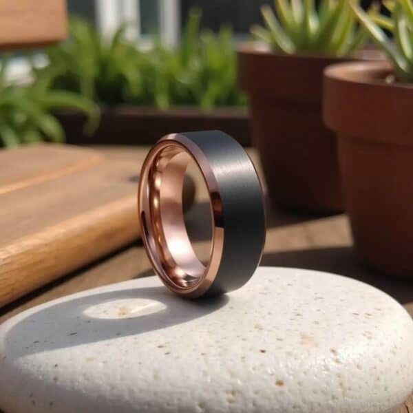 Mans engagement ring or wedding band. Black tungsten ring with polished rose gold bevelled edges.