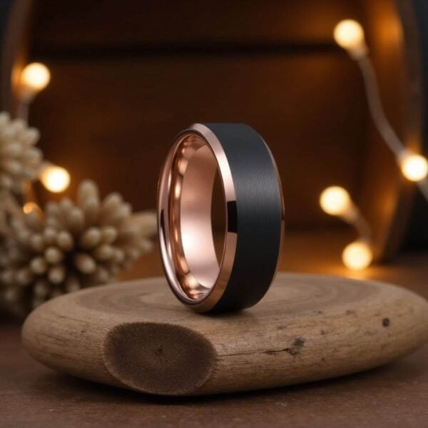 Rose gold and black mens tungsten ring - fashion statement ring for men