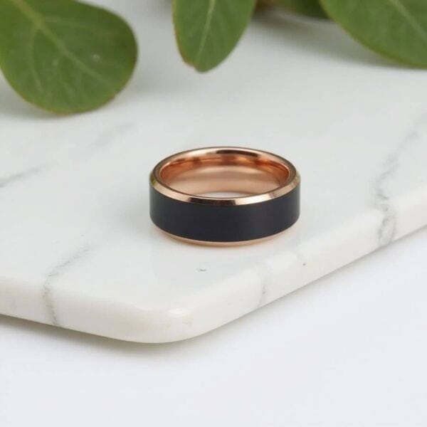 Mens black tungsten wedding band or engagement ring - with rose gold bevelled edges