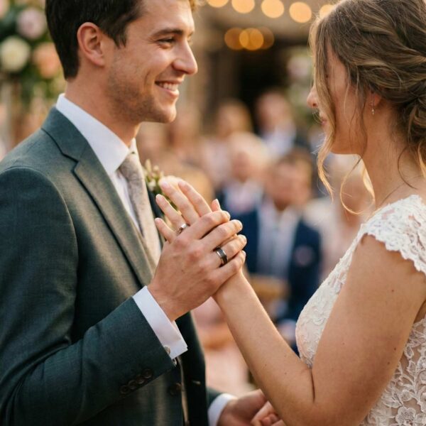 Tungsten ring for men in black and rose gold – wedding and eternity band with personalised engraving.