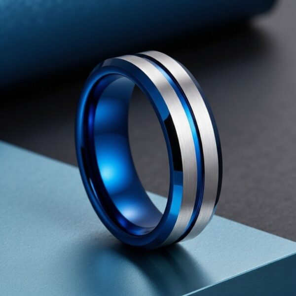 Blue groove mens tungsten ring – wedding and engagement band with custom engraving.