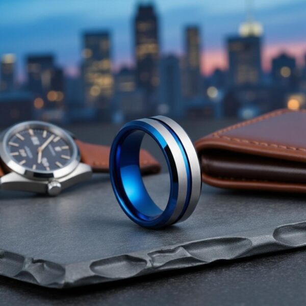 Mans tungsten ring in silver and blue – wedding band with personalised engraving.