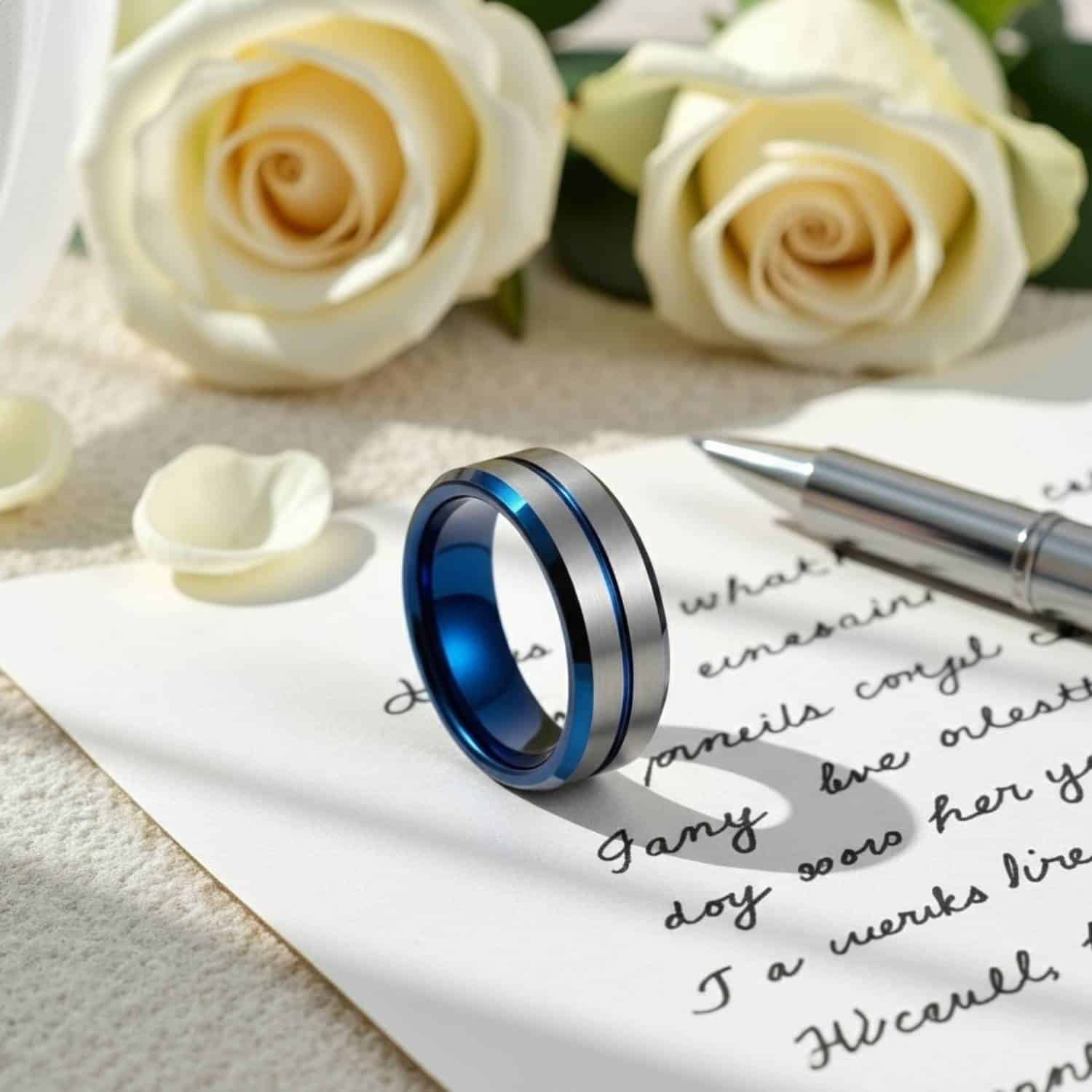 Mens blue ring tungsten – male wedding band with custom engraving.