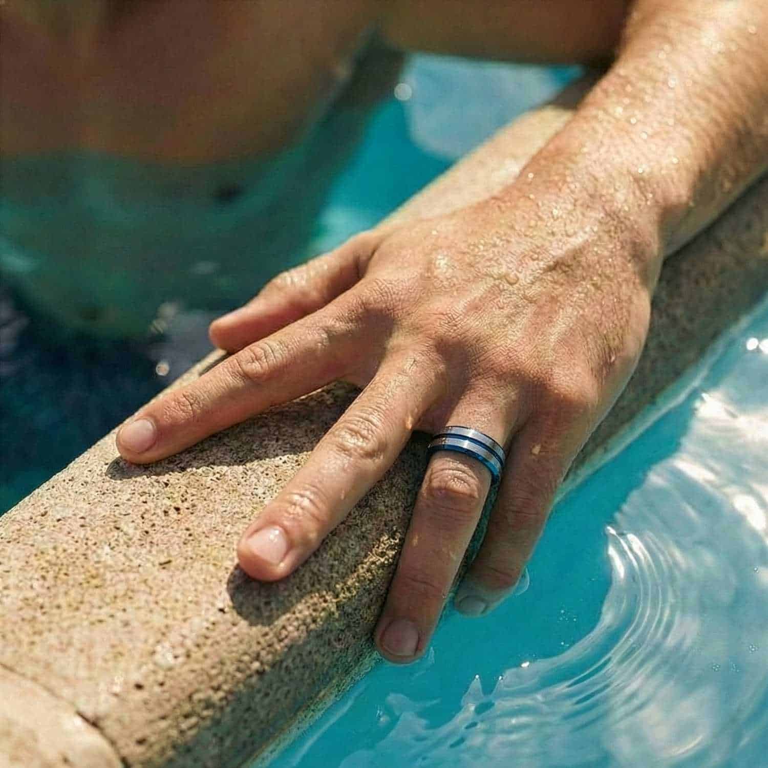 Mens blue ring in silver tungsten – wedding band with personalised custom engraving.