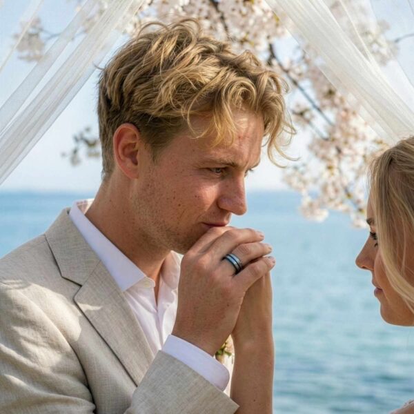 Mens wedding band in silver and blue – tungsten ring with personalised engraving.