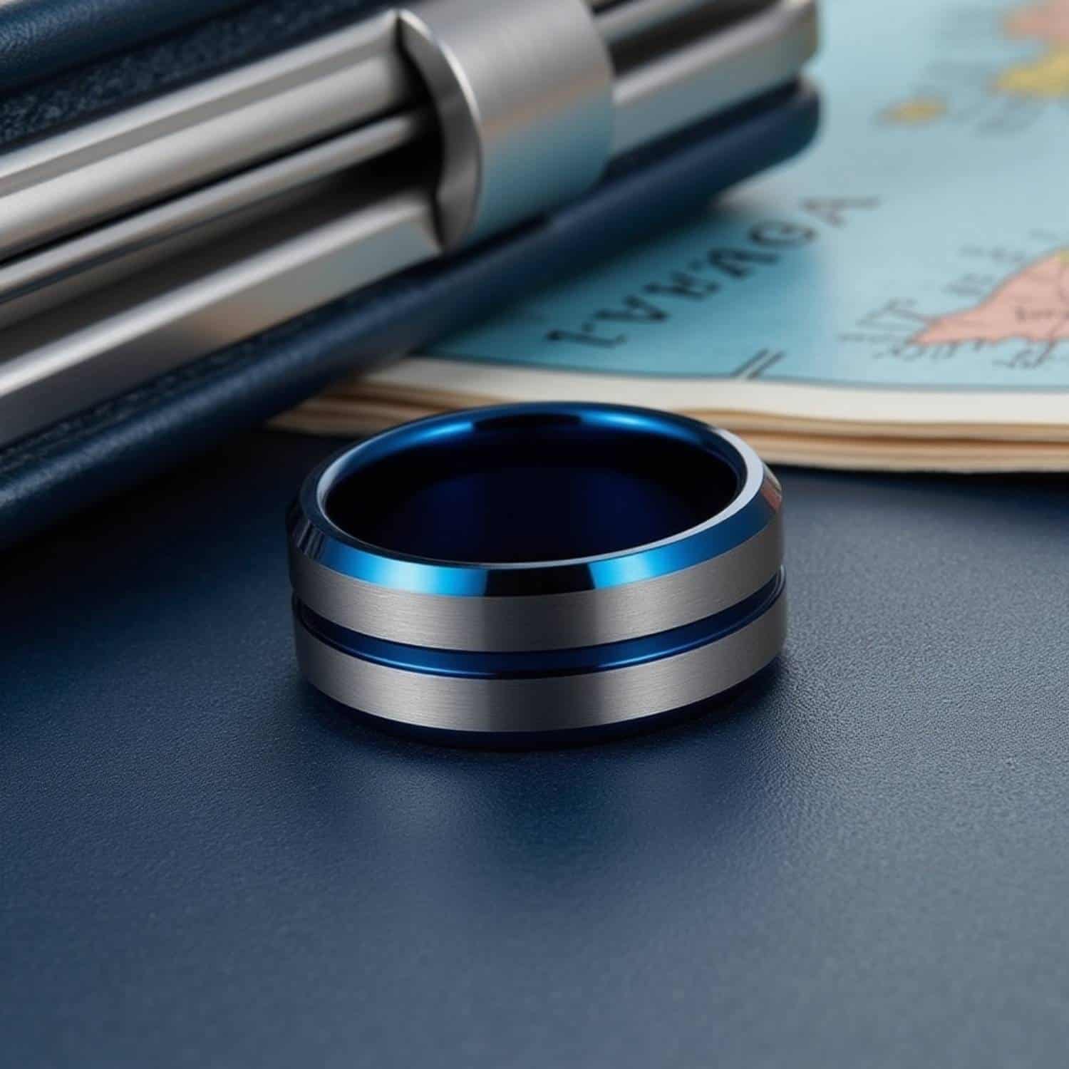 Mens wedding band in silver and blue tungsten – custom engraved ring for him