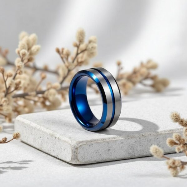 Silver and blue mens ring – male wedding band with personalised engraving.