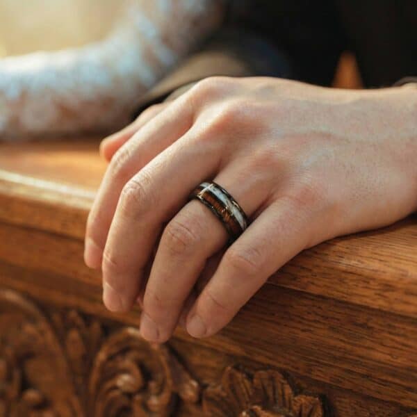 Mans tungsten ring with antler and koa wood – wedding band with custom ring engraving.