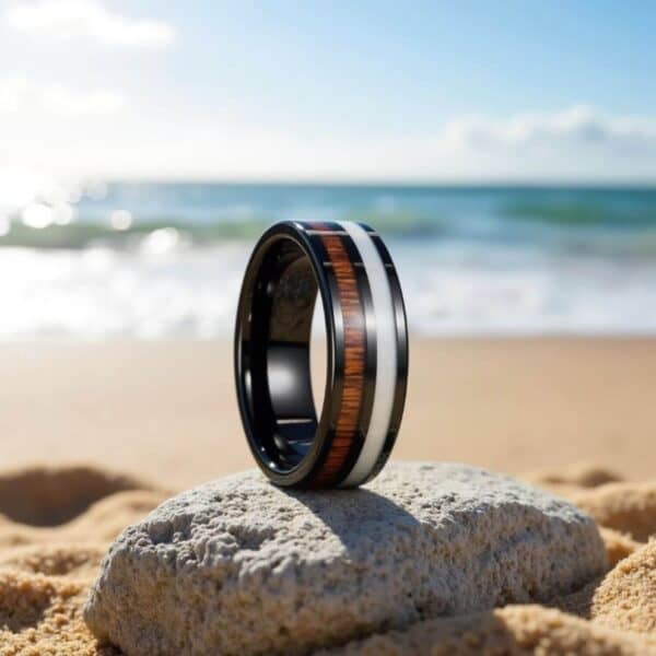 A distinctive mens black tungsten ring featuring antler and wood