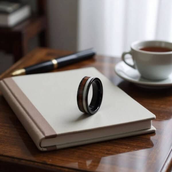Mens black tungsten ring featuring inlays of koa wood and antler. An innovative gents wedding band.
