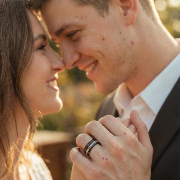 Mens wood and antler ring – tungsten wedding and engagement band with personalised engraving.