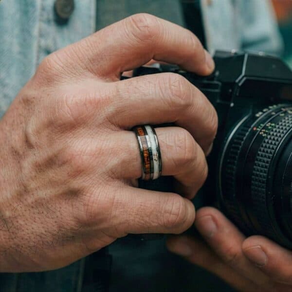 Antler and wood ring for men – tungsten mens wedding band with personalised custom engraving.