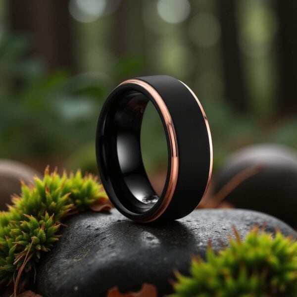 Gents wedding band - black and rose gold - tungsten