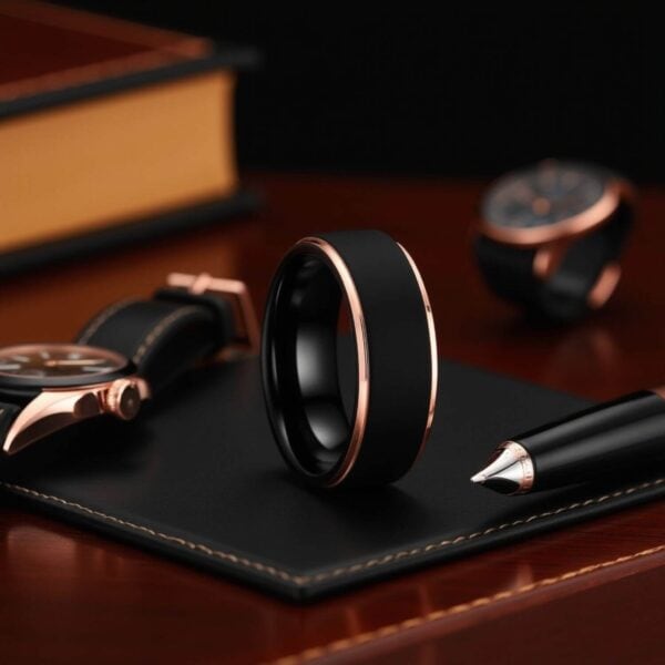 Male Black Band with Rose Gold. Made with Tungsten