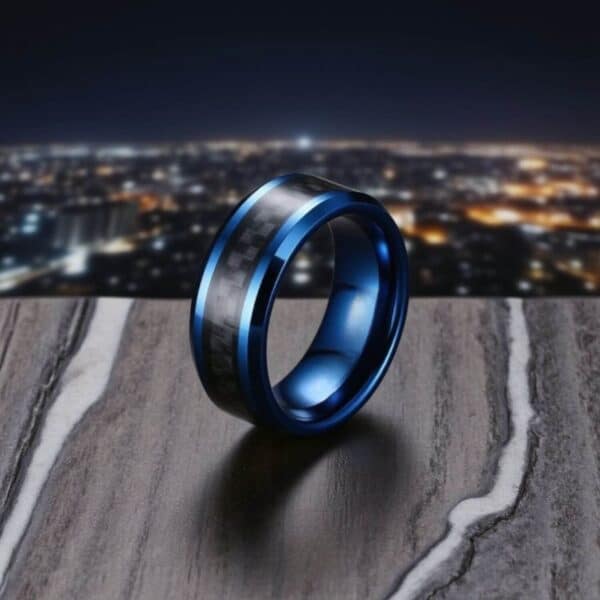 blue black mens ring in carbon and tungsten. Modern band in 8mm