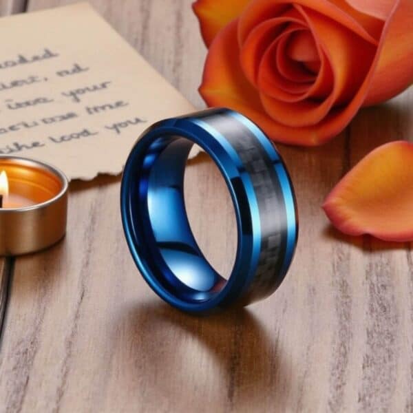 Clarity Blue and black mens ring with tungsten and carbon fibre with blue inside
