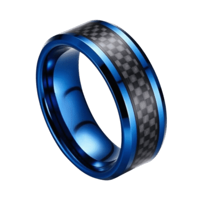 blue mens ring with black carbon inlay. 8mm tungsten band for wedding anniversary or engagement in all sizes