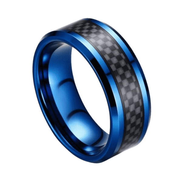 blue mens ring with black carbon inlay. 8mm tungsten band for wedding anniversary or engagement in all sizes