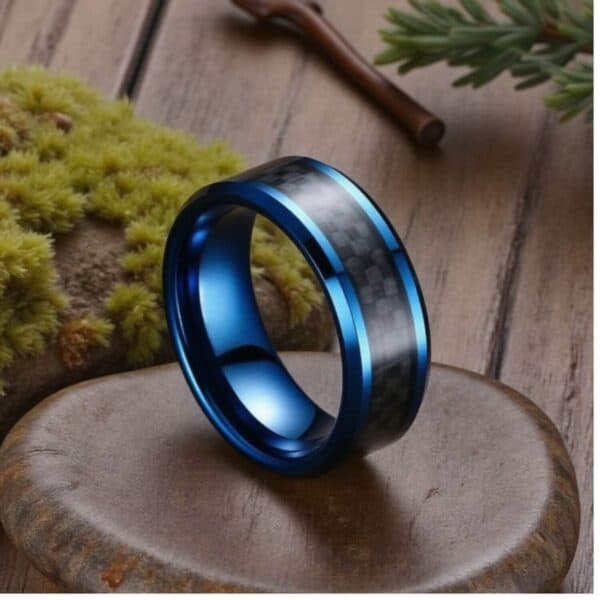 Mens Blue Tungsten and Black Carbon Fibre Wedding Band for Men