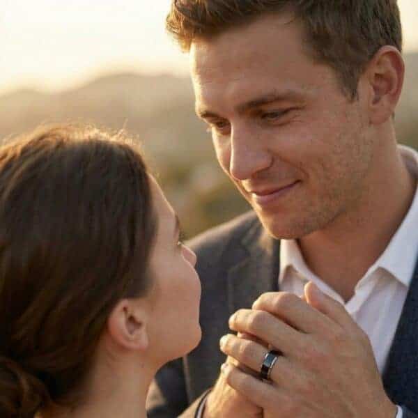 Enjoying a romantic moment together in the peace and tranquillity of the countryside, the couple join hands. The man wears a domed tungsten ring which is black with polished silver edges.