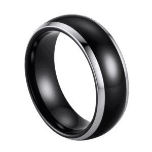 A bold tungsten ring for him. This black ring is slightly domed in shape. It has polished silver edges for a distinctive style.