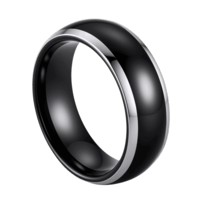 A bold tungsten ring for him. This black ring is slightly domed in shape. It has polished silver edges for a distinctive style.