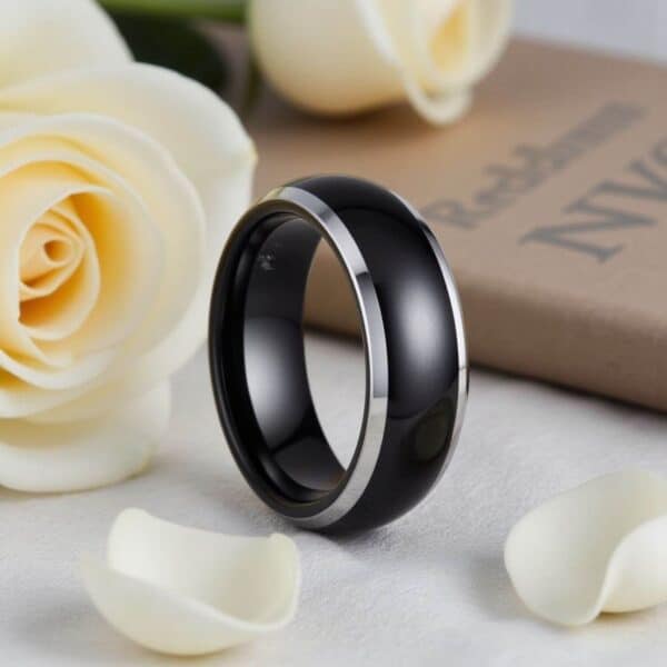 Gents engagement ring - black and silver tungsten band for men