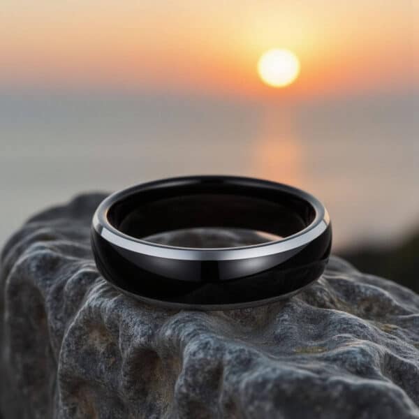 Gents Fashion Statement Ring - Black Tungsten Band with Silver Edges